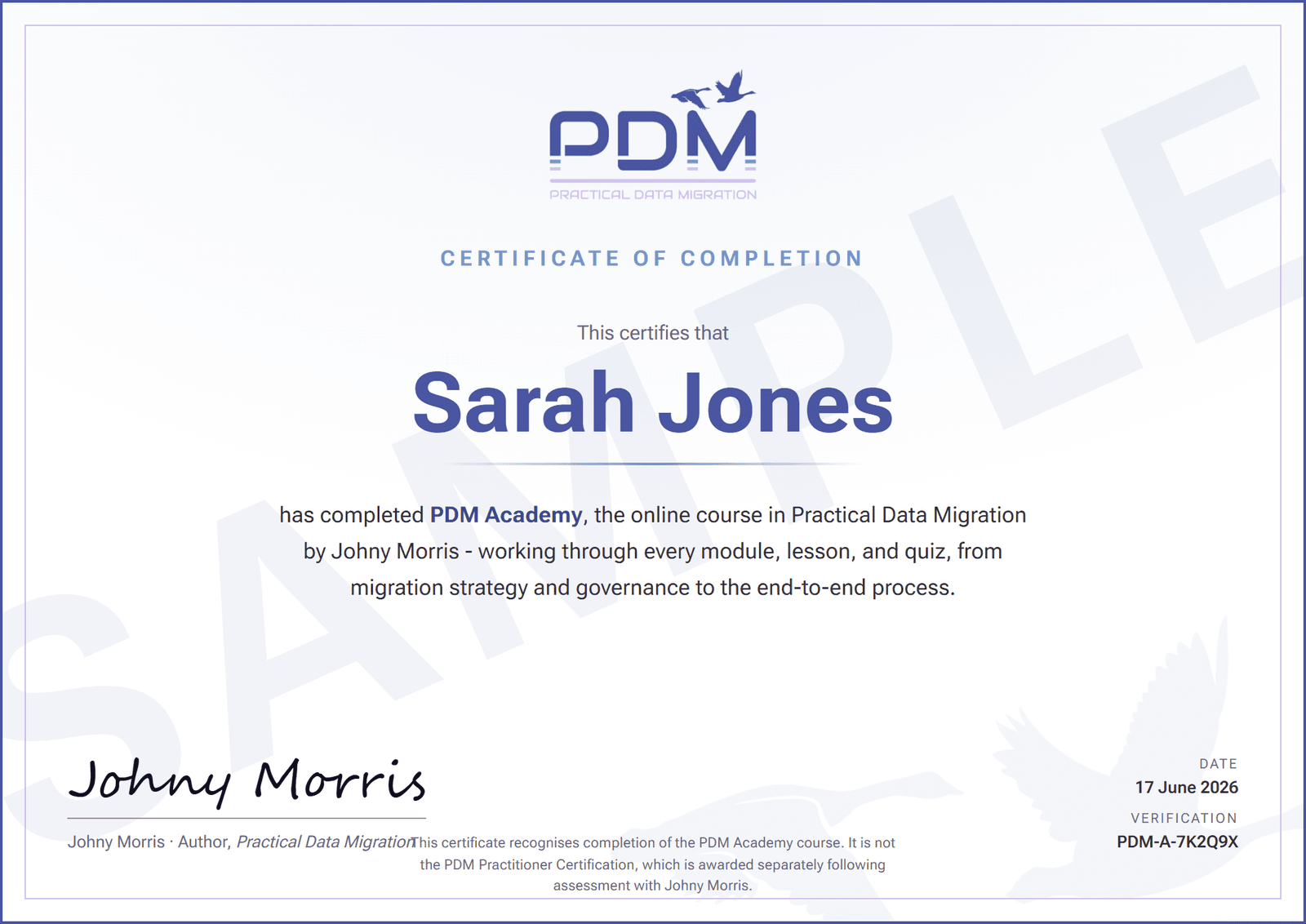Example PDM Academy completion certificate